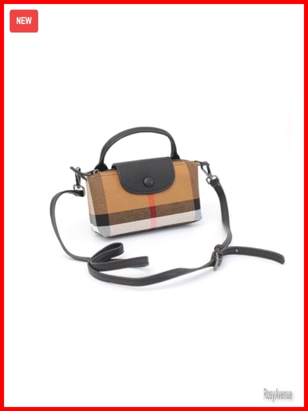 Plaid Canvas Faux Leather Mini Satchel Top Handle Handbag Adjustable Strap